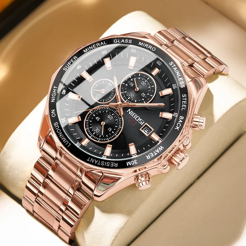 

NIBOSI Fashion Watch Casual Stainless Steel Band Quartz Wristwatches with Chronograph Waterproof Men's Watches Relogio Masculino