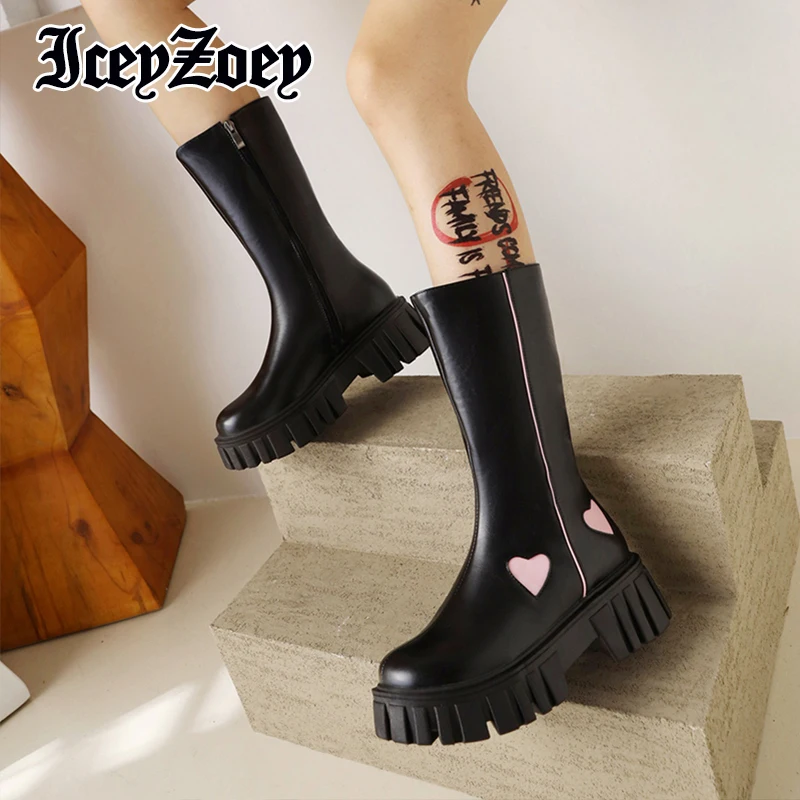 

IceyZoey Long Boots Thick Bottom Women Shoes Mixed Color 2022 New Arrival Half Calf Boots Punk Fashion Footwear Size 35-41