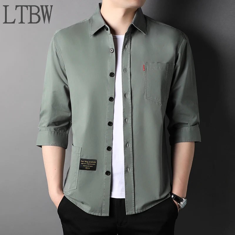 LTBW Men's 3/4 Sleeve Shirts Casual Cargo Shirts Classic Tops with Pockets