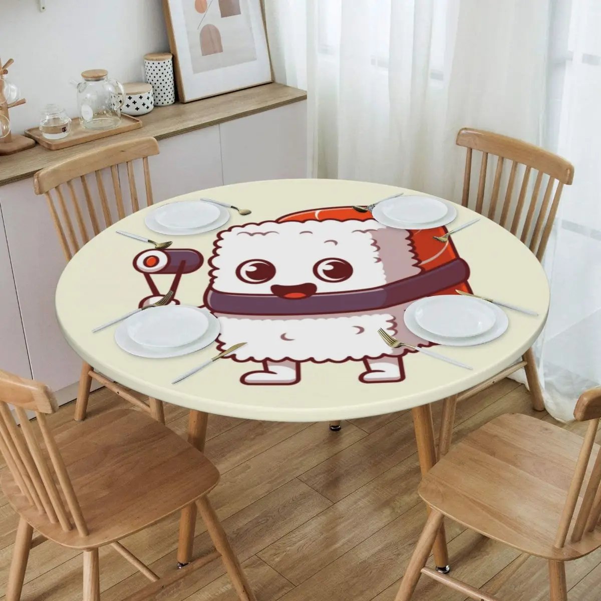 

Round Fitted Cute Anime Cartoon Sushi Table Cloth Waterproof Tablecloth 45"-50" Table Cover Backed with Elastic Edge