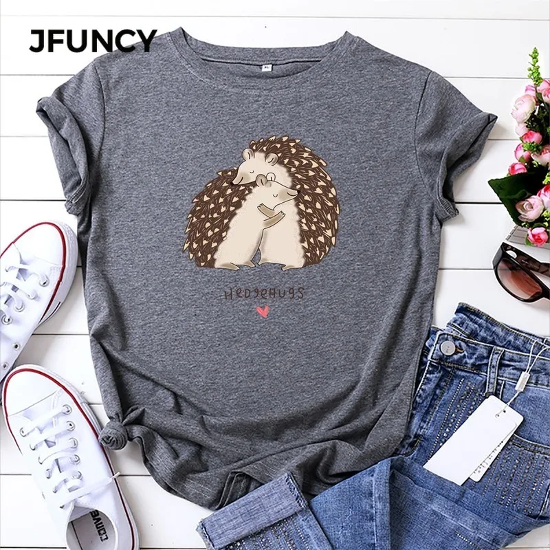 JFUNCY 2022 Summer T-shirt  Women T Shirt 100% Cotton Woman Tee Tops Cute Hedgehog Hug Print Female Short Sleeve Tshirt