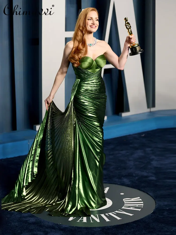 

High-End Women's Sexy Tube Top Long Dress Women's Dress 2022 Autumn New Fashion Green Banquet Dance Mop Wrapped Chest Dress