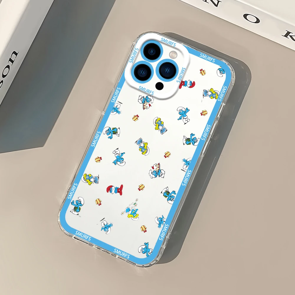 Фото Мультфильм S-Smurfs CUTE для iPhone 12, 11, 13, 14, 15, 16, Max Pro Plus, мини-защитный чехол, прозрачная рамка №4