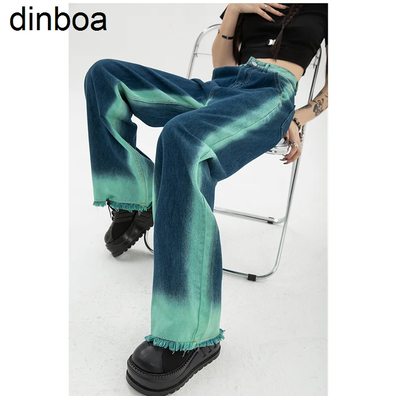

2022jeans Woman High Waist Vintage Straight Baggy Pants Chic Design Streetwear Gradient Color Hip Hop Y2k Denim Wide Leg Trouser
