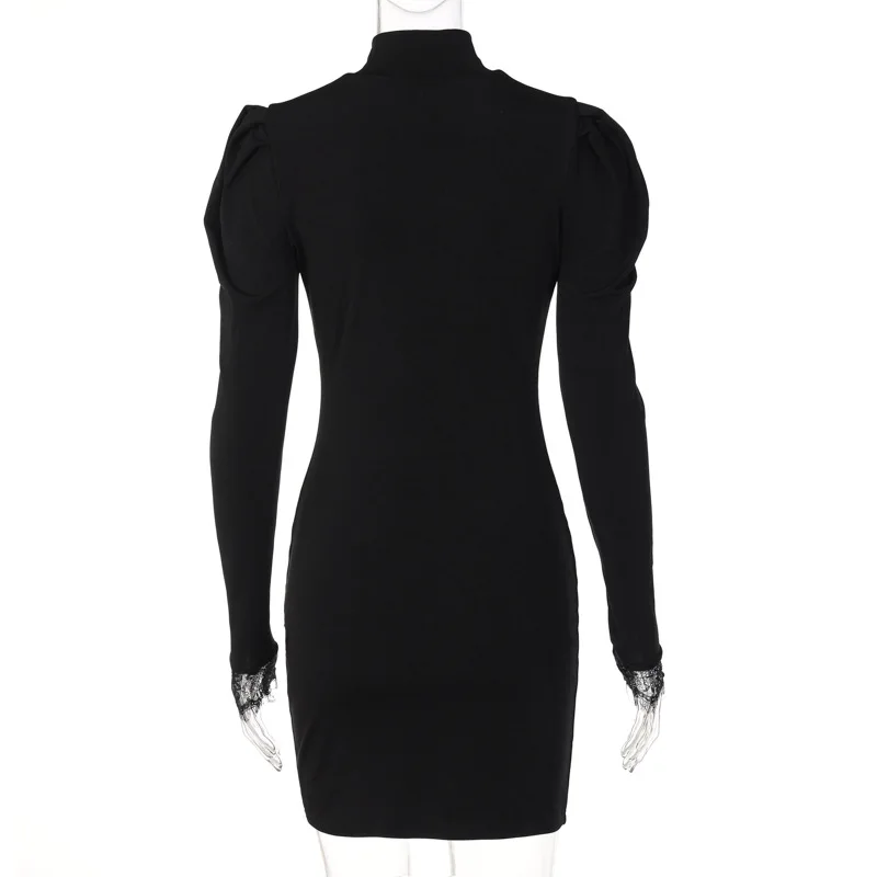 Solid Lace Turtleneck Long Puff Sleeves Hollow Out Mini Dress Fashion Women Elegant Streetwear Evening Party Y2K