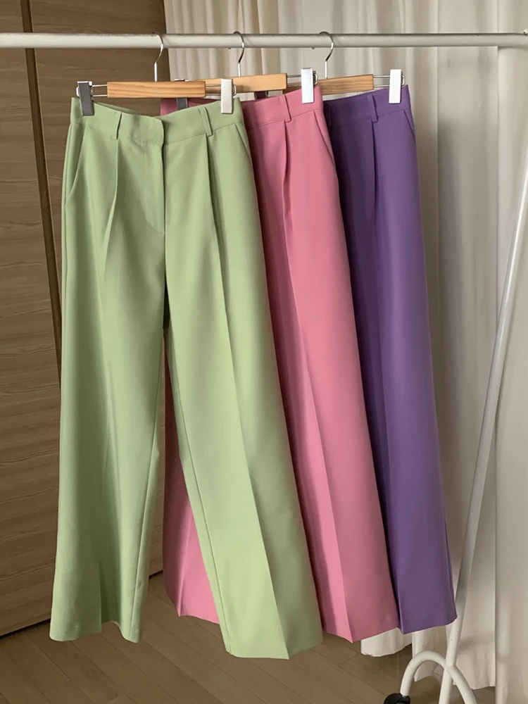 QOERLIN Plain Pocket Zipper Pink Pants Women High Waist Suit Pants OL Fashion Wide Leg Straight Trousers 2023 Spring Summer New