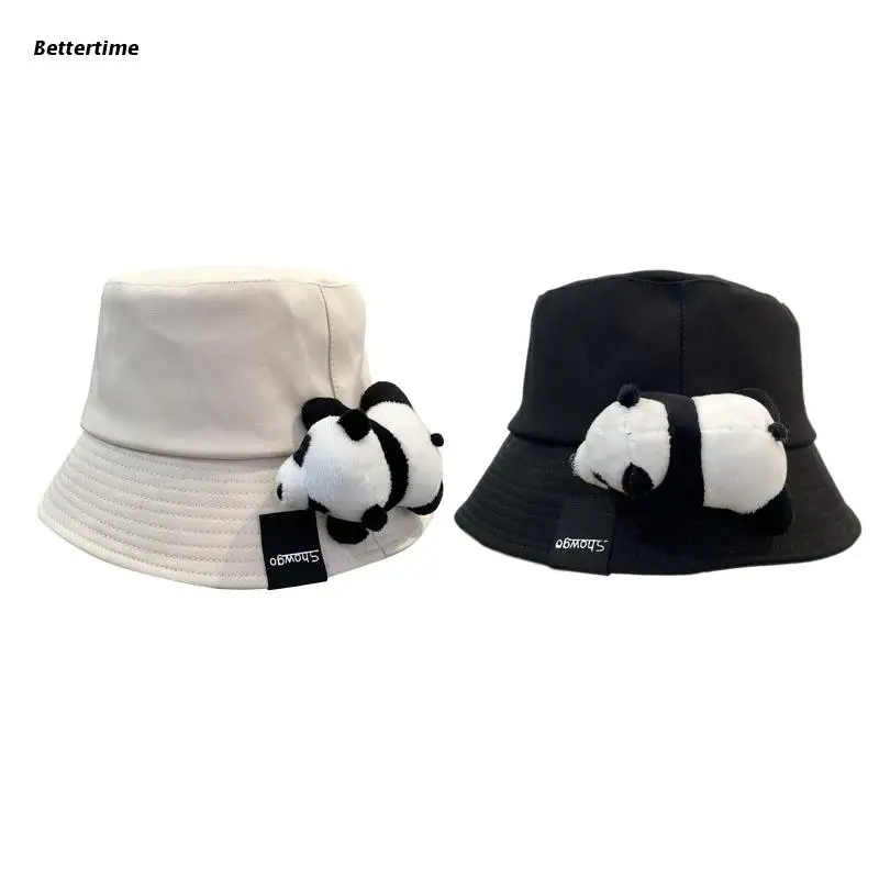 

B36D Sweet Panda Decor Bucket Hats All-match Handmade Women Girl Cotton Fisherman Caps Easy Matched Outdoor Bucket Hats