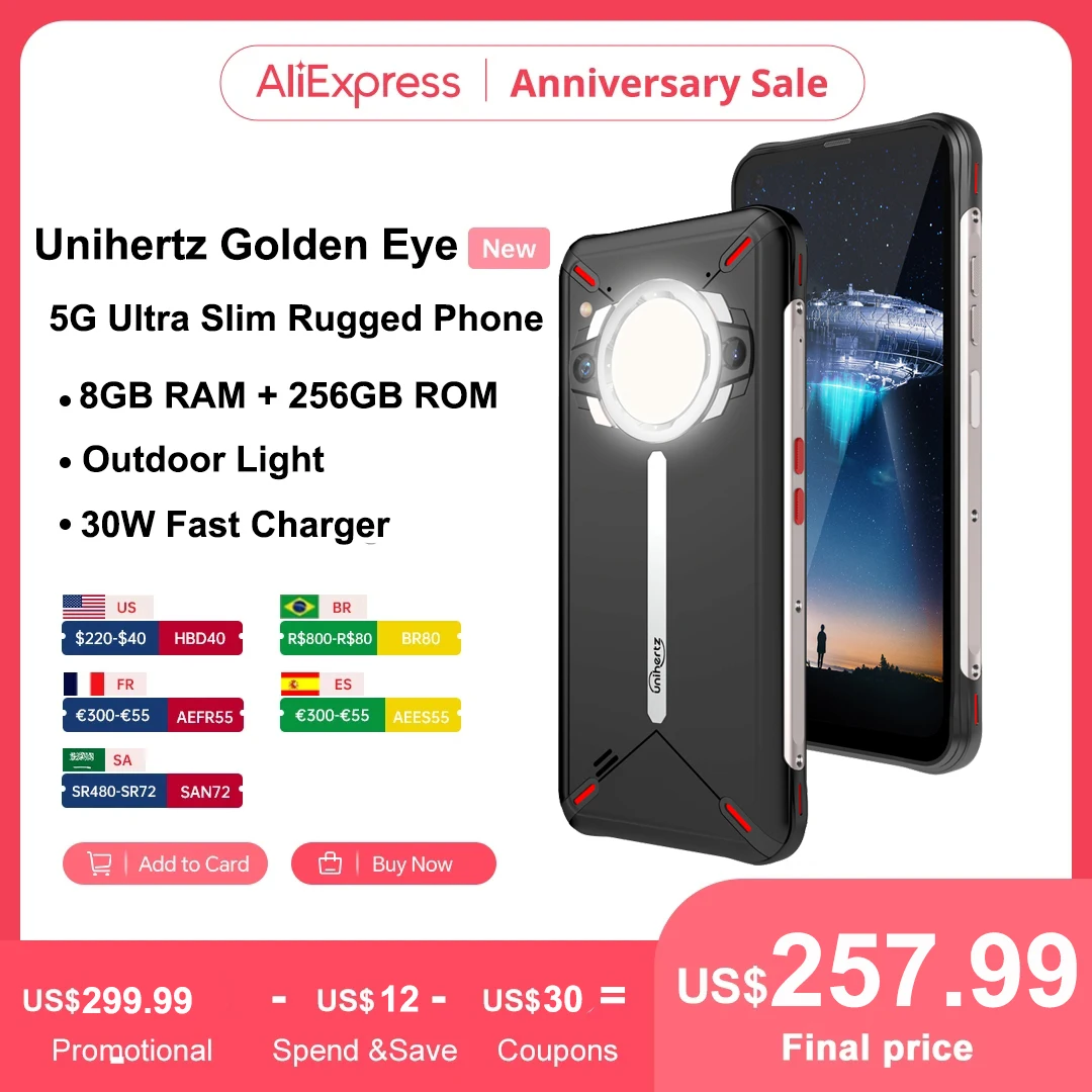 Enlarge Unihertz Golden Eye 5g Ultra Thin Rugged Smartphone 8GB 256GB Cellphone Emergency Bicycle Light G99 64MP Camera Mobile Phone