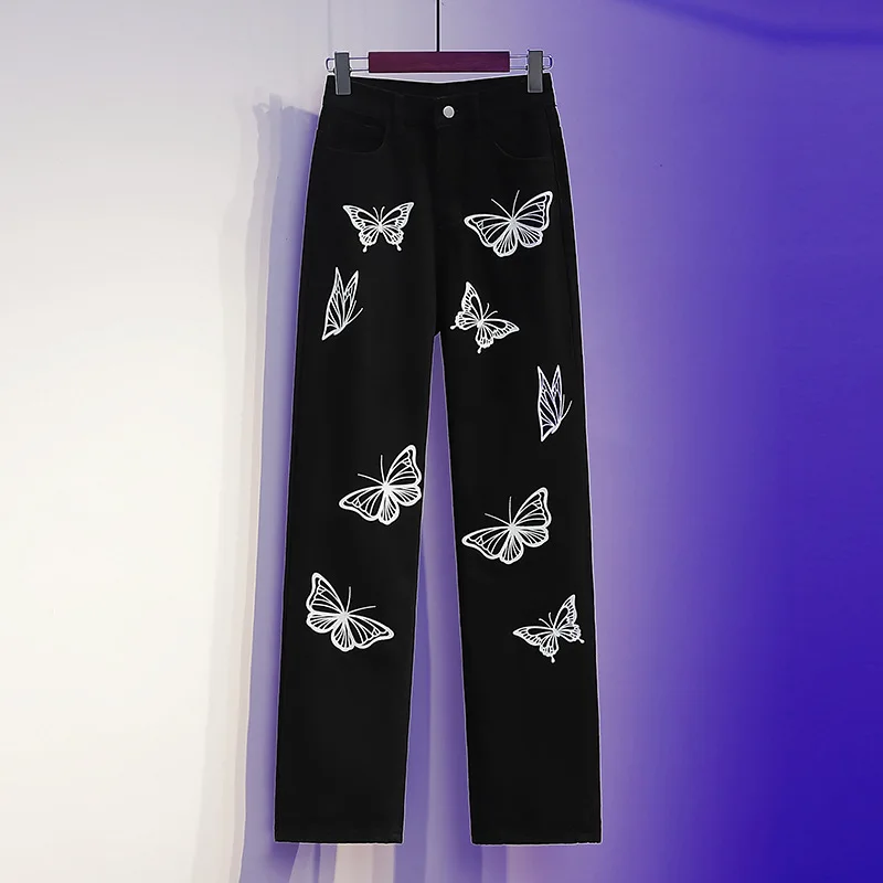 Butterfly Print Straight Jeans Women's High Waist Show Thin Wide Leg Pants Floor Pants Street Style