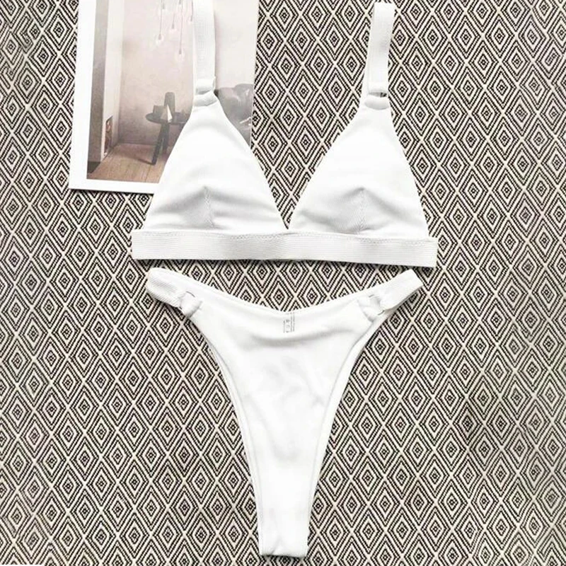 Solid Glossy Split Bikini Set Swimsuit Women Two-pieces Push Up Padded Swimwear Sexy Bra Thongs Set Beachewear For Ladies