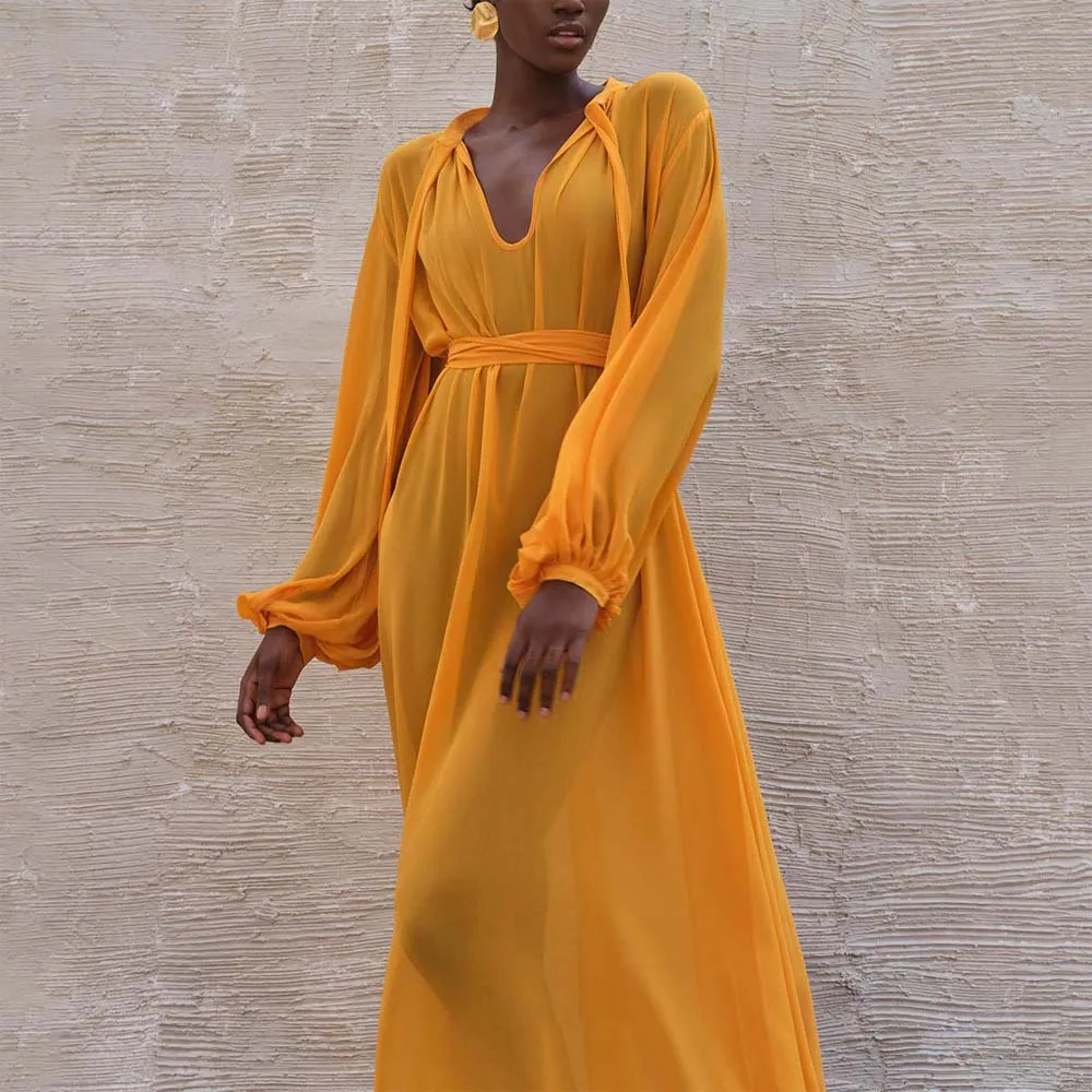 

Элегантные желтые шифоновые платья для женщин, с V-образным вырезом и длинным рукавом, с высокой талией, длиной до щиколотки, роскошные, для дня рождения, фотоужина, платья, лидер продаж