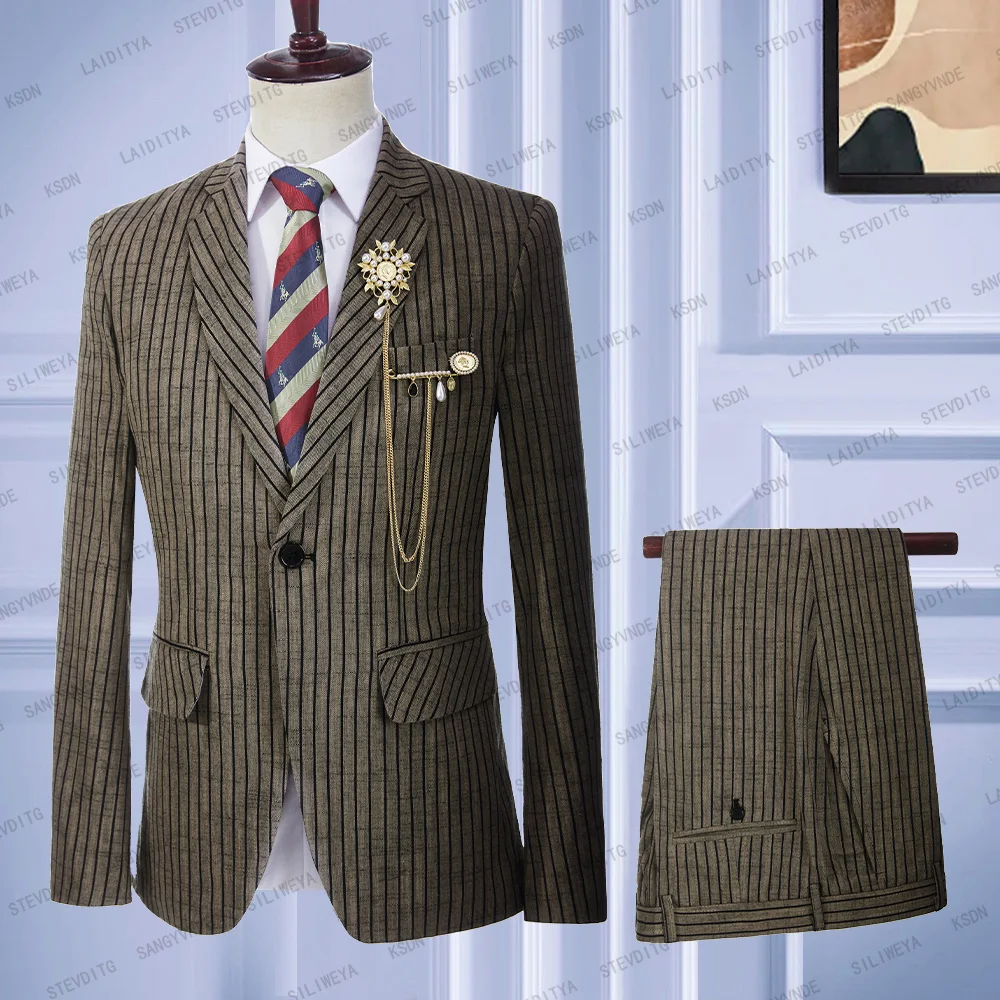 Summer Costume Mariage Homme Light Linen Black Stripe Tuxedos Groom Wedding 2 Pieces Set Jacket Pants