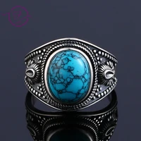 men and women silver jewelry diy retro oval ring with natural turquoise 8x10mm gift wholesale party wedding