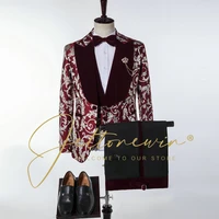 jeltonewin trajes de hombre terno masculino completo 2022 real photo burgundy floral 3 pieces men suits for wedding groom tuxedo