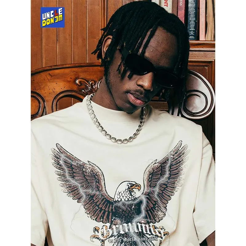 

UncleDonJM Eagle Printed Washed Cotton Short-sleeved T-shirt Retro Vintage Heavy T-shirts for Men Harajuku Graphic T Shirts