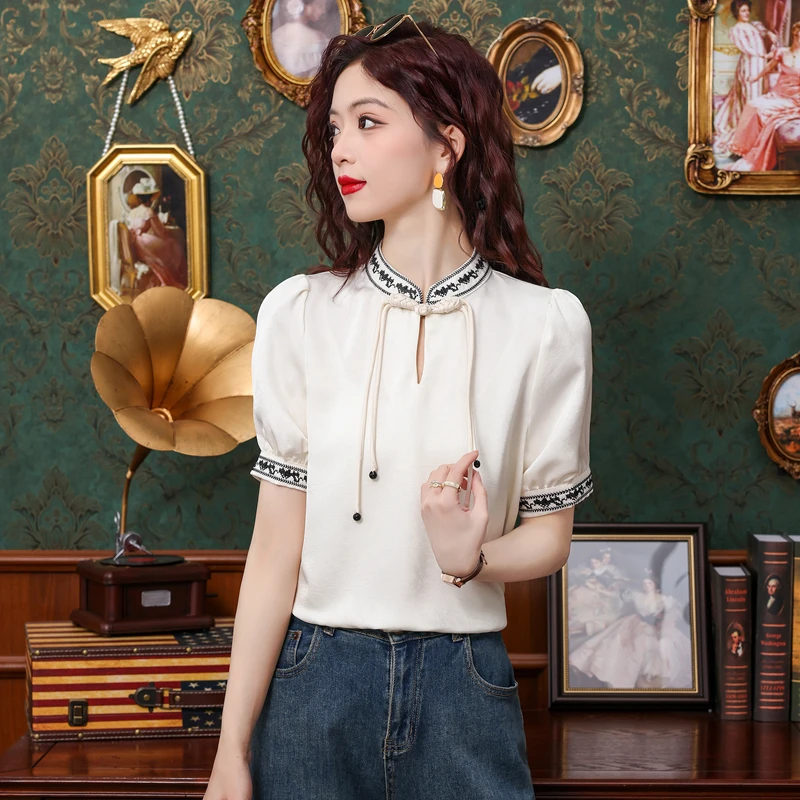 Модная женская блузка с коротким рукавом и воротником-стойкой шифоновая