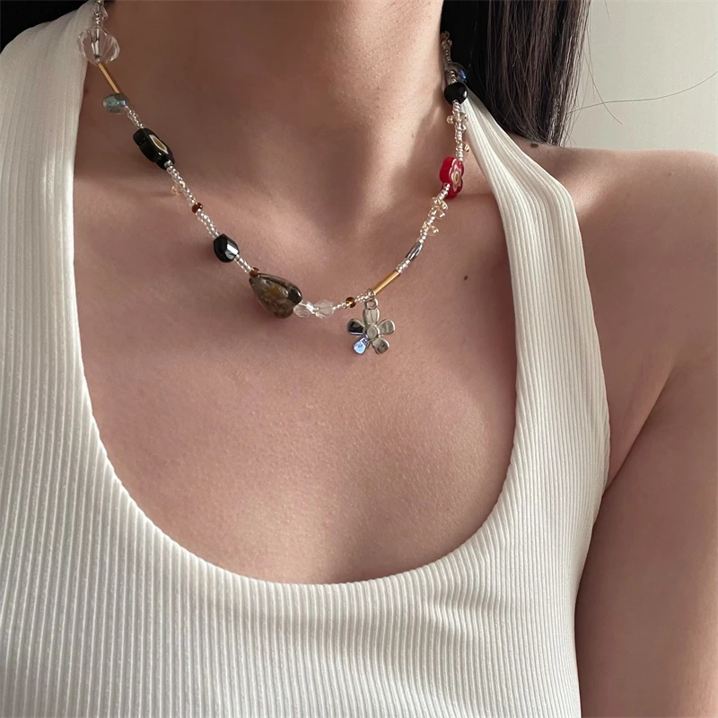 

Женское винтажное ожерелье с бусинами, прозрачное ожерелье с цветами в Корейском стиле, Ювелирное Украшение в стиле гранж, Y2K