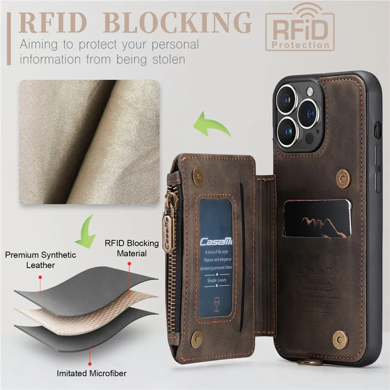 Leather Wallet Case for iPhone 14 13 12 11 Pro XS Max Mini SE 2020 8 7 Plus Zipper Purse Wallet Cover With Card Slot Phone Cases