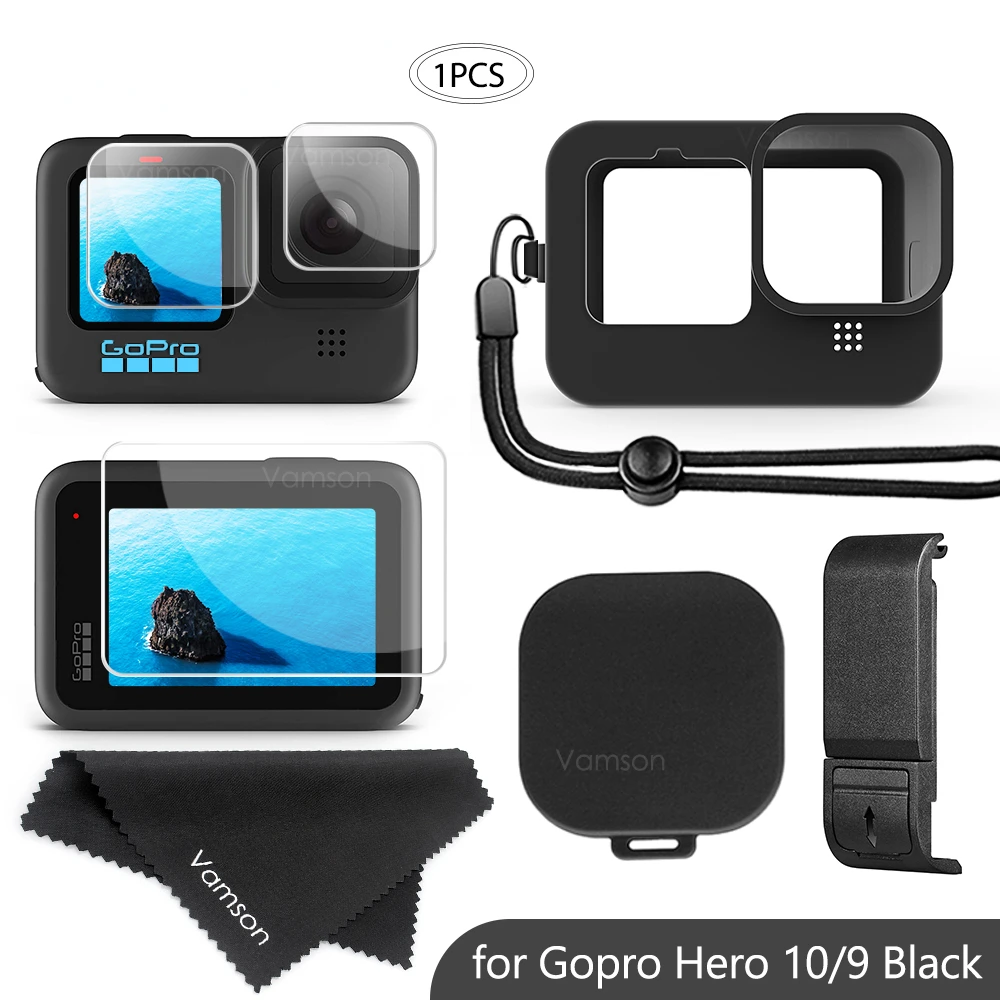 

2022 trend for Gopro Hero 10 9 Black Silicone Protective Cover with Tempered Glass Film Battery Side Case for GoPro 10 Accessori