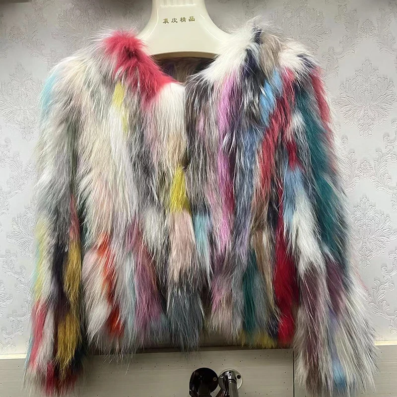 2022 Luxury Fashion Real Raccoon Dog Fur Women Coats Winter Warm Women's Cold jacket Hand Made Color Matching Streetwear Hipster