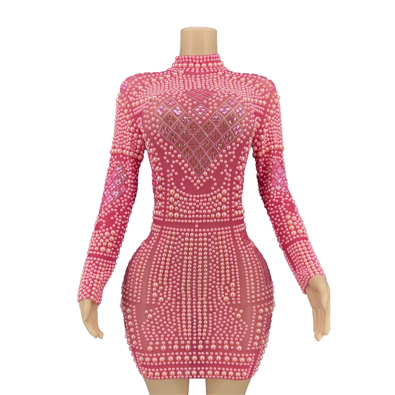 

New Sexy Pink Pearls Mini Long Sleeve Dress Birthday Outfit
