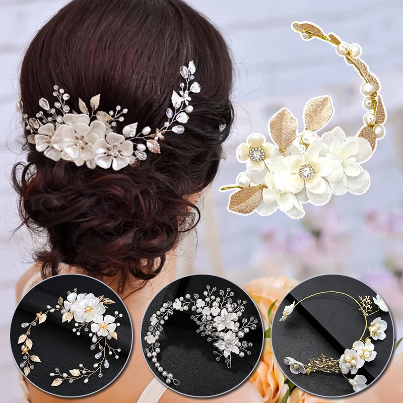 

Elegant Girls Bridal Headband Imitated Pearl Hair Headdress Flower Wreath Bride Garland Head Hoop Wedding Jewelry Hair Accessory
