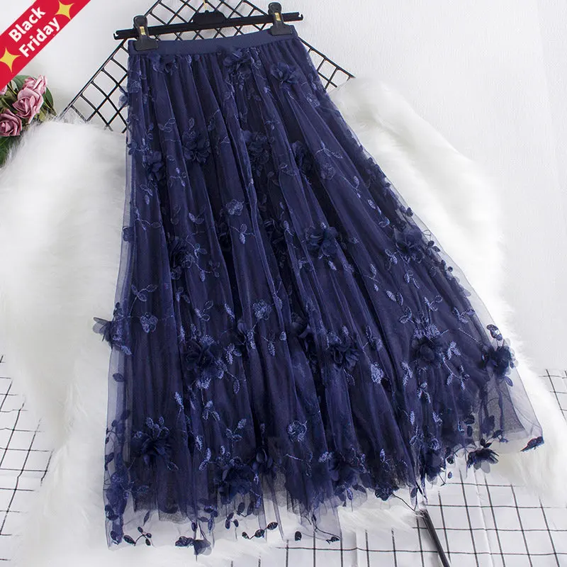 

Three-dimensional Floral Decorated Long Mesh Skirts 2023 New Summer Women Sweet Large Swing Fairy Mermaid Skirt Femme Jupes