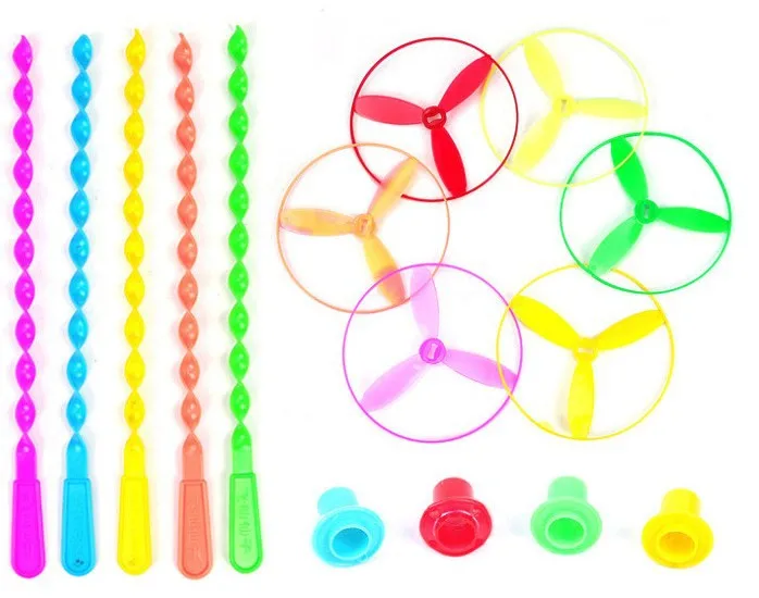 10 Pcs Twisty Flying Saucers Assorted Colors Helicopters Outdoor Bamboo Dragonfly Plastic Handle UFO Toy Fairy Flying Saucer