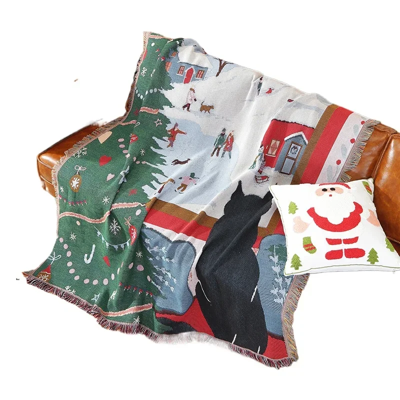 Рождественский домашний декор черный кот с домиком одеяло бахромой
