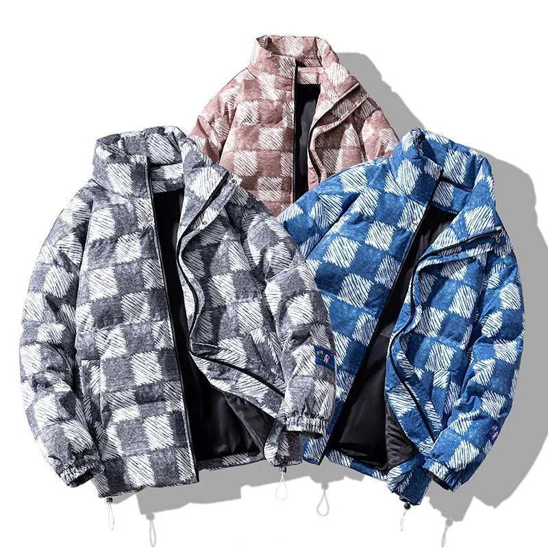 Winter Coat Men 2022 Thickened Checkerboard Thermal Jacket Fashion Printed Stand Collar Cotton Jackets Outdoor Sports Jacket