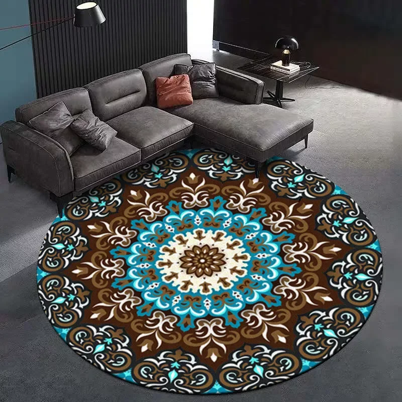

New Coral Velvet Computer Chair Floor Mat Mandala Printed Round Carpet for Children Bedroom Play Tent Area Rug Round Blue