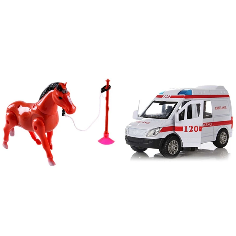 

NEW-1 Set Electric Horse Around Pile Circle Toy Action Figure Toys & 1 Set Ambulance Vehicles Toys 1/32 Diecast Car Model