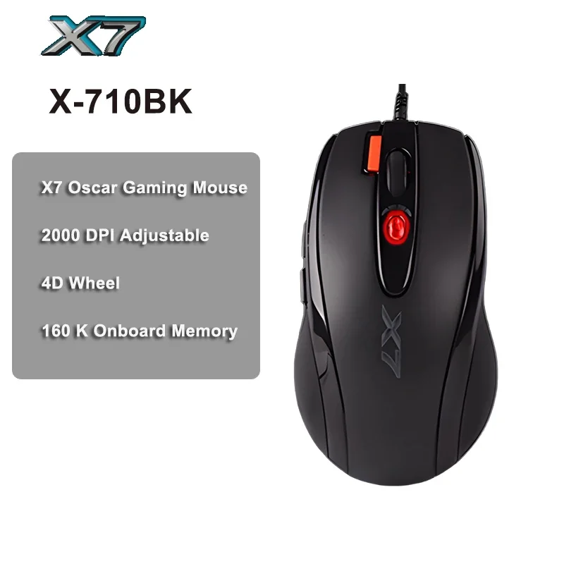 Фото Игровая мышь A4TECH X7 X-710BK Oscar, 2000 точек на дюйм, 1000 Гц, колесо 4D, встроенная память 160 К, редактор автомобильной мыши, бесплатный драйвер №1