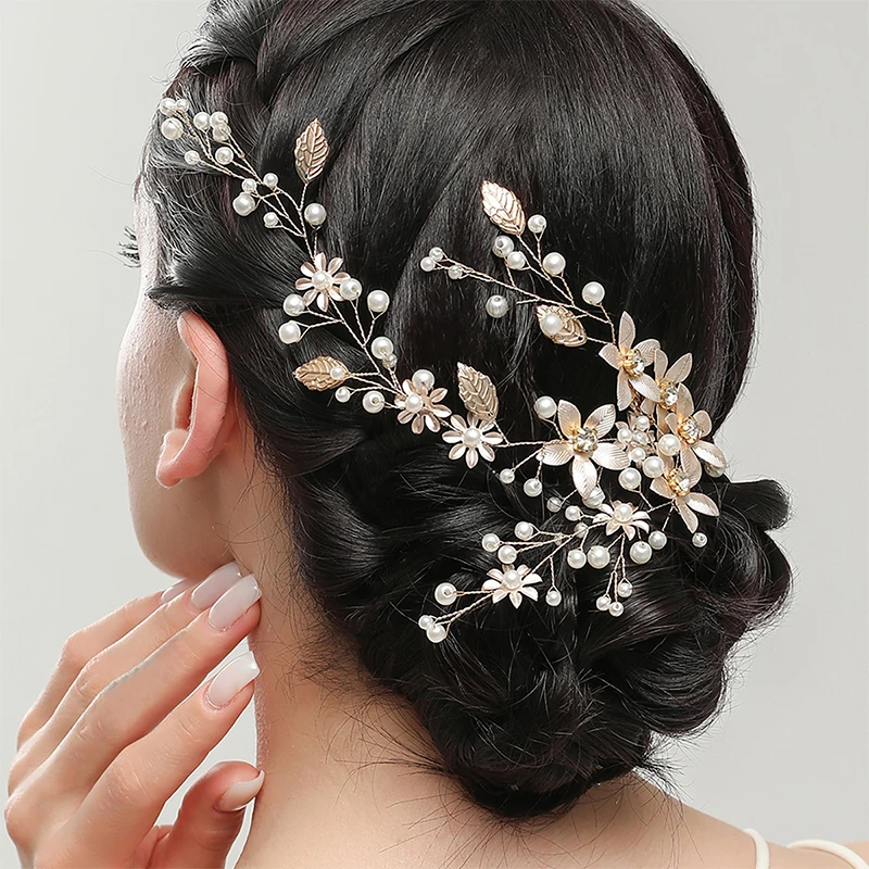 

Wedding Bridal Hairpins Color Gold Silver Hair Bands Headband Jewelry Pearl Flower Leaves Hair Accessories