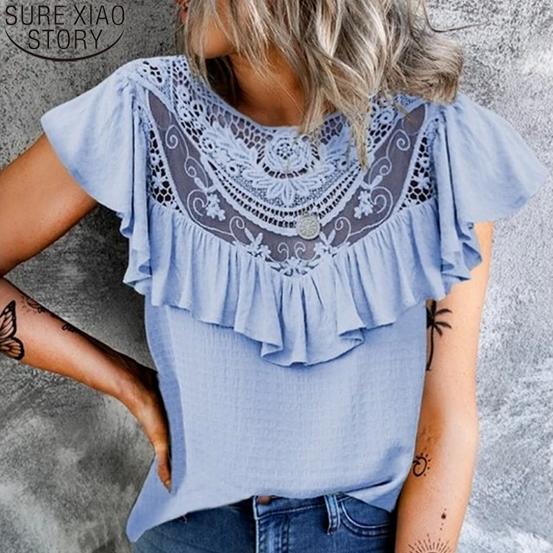 

Women Sweet Ruffle Tops Round Neck Loose Top 2022 Summer New Lace Blouse Women Short Butterfly Sleeve Shirt Clothes Blusas 20024