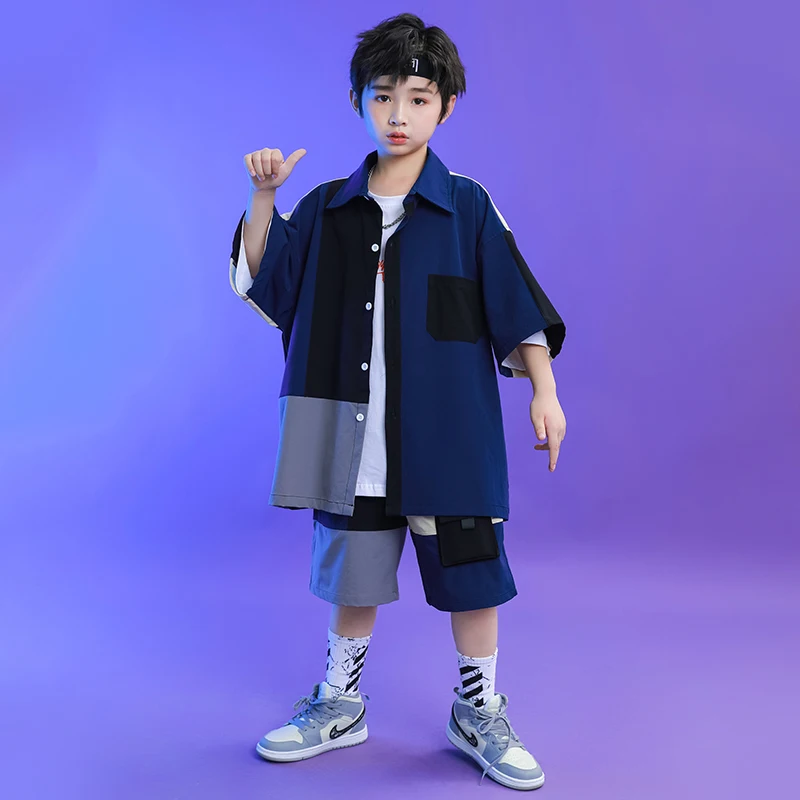 

Kids Fashion Stage Hip Hop Clothing Splicing Shirt Tops Shorts Set For Girls Boys Jazz Dance wear Costume Teenage Street Clothes