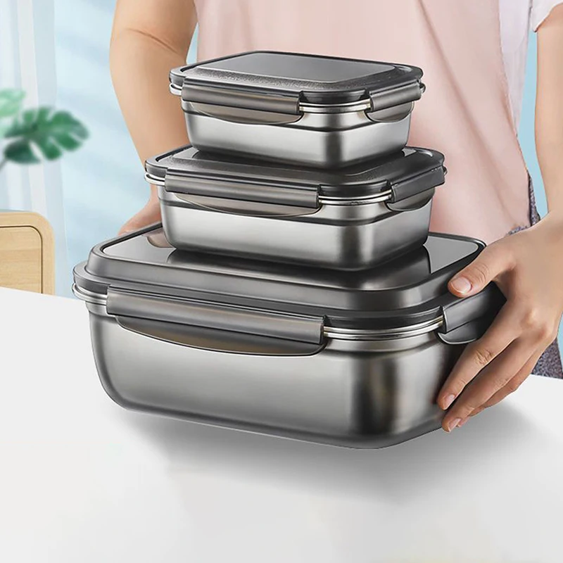 304 Stainless Steel Crisper Box Airtight Food Storage Container With Lid Lunch Bento Outdoor Picnic Camping Tool