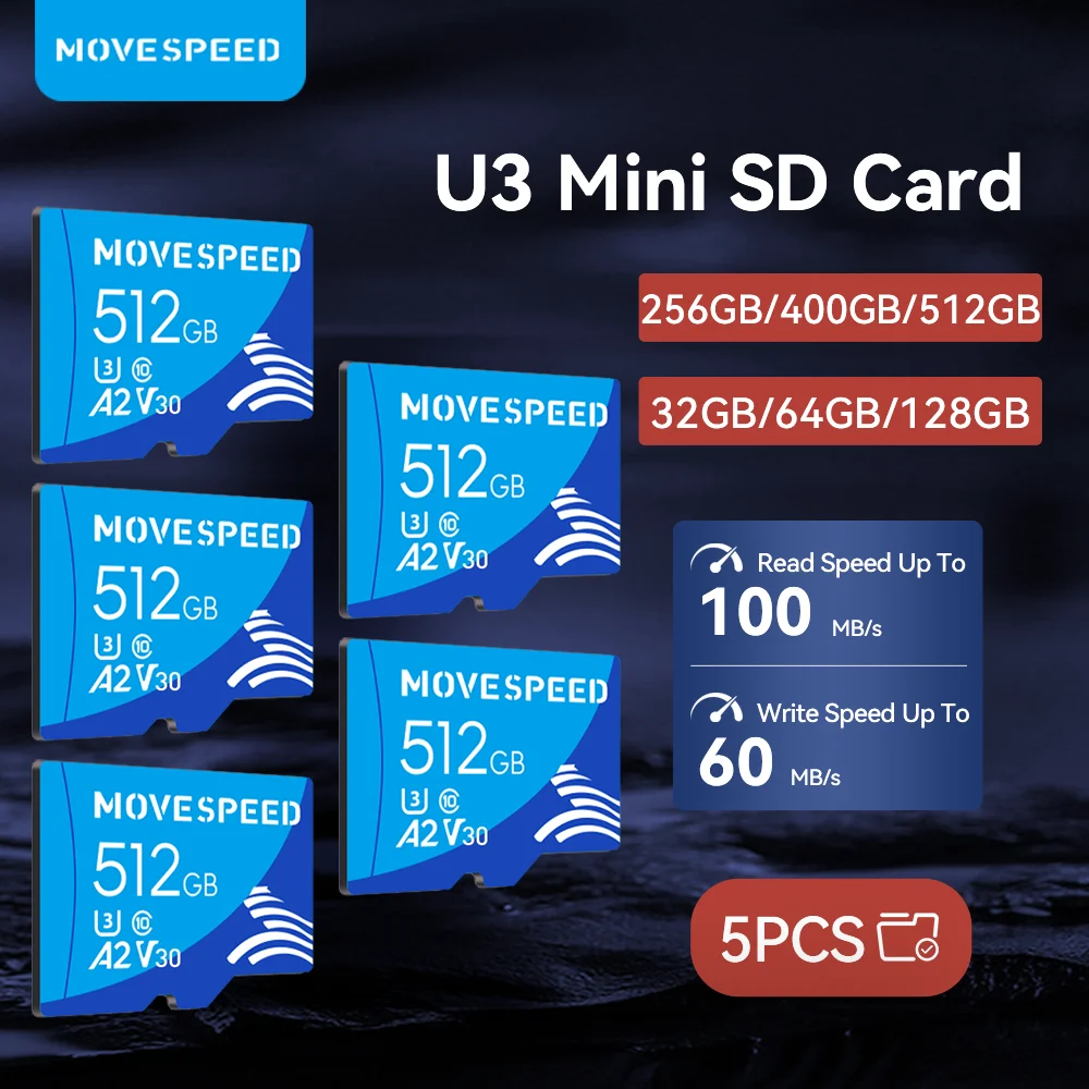 

MOVESPEED 5PCS Wholesale Mini SD Card 512GB High Speed Flash Memory Card 100MB/s 128GB 400GB 64GB 32GB TF Card for Camera DV