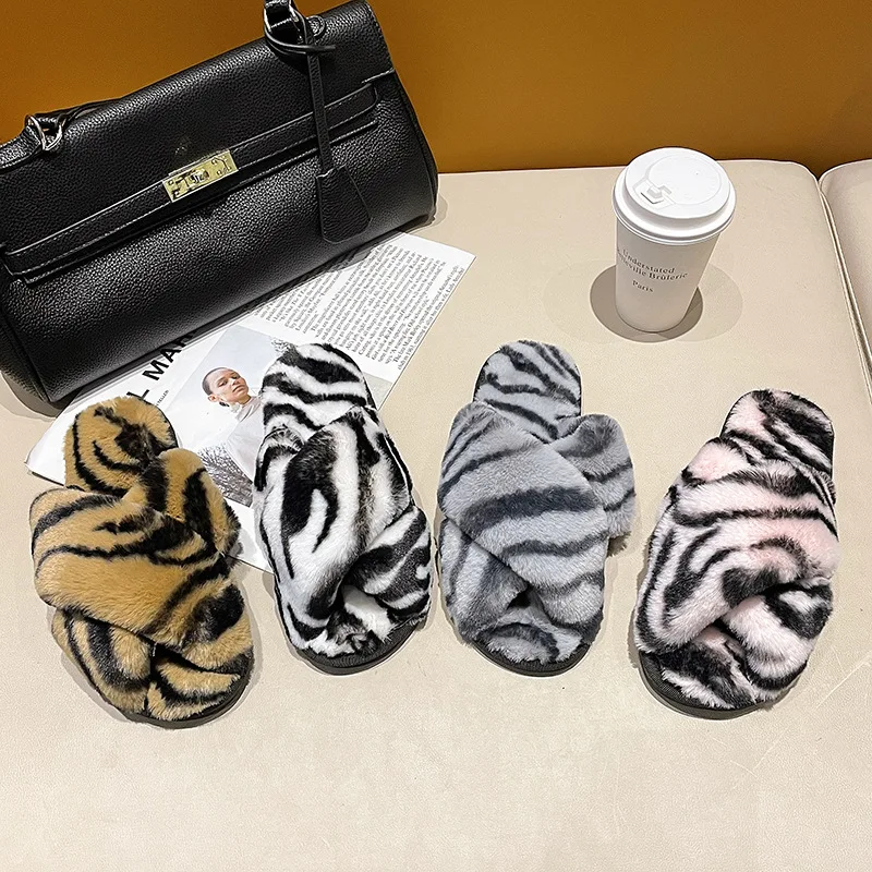 2022 New Fashion Comfortable Indoor Plush Slippers Women Tiger Pattern Women Slippers Outdoor Leisure Warm Cotton Slippers