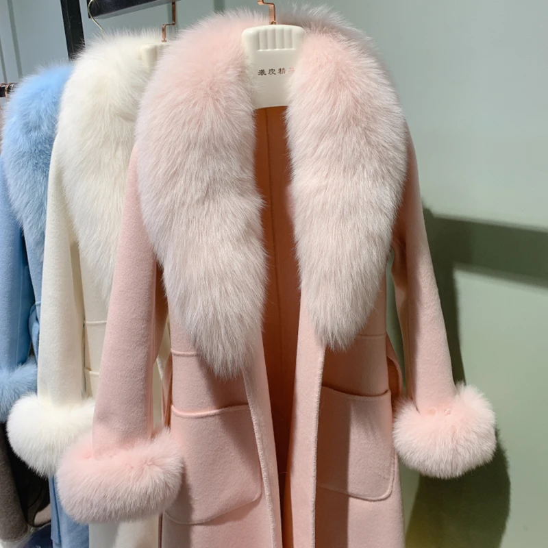 Luxury woman's coat autumn Winter x-long real sheepskin woolen jacket with real fox fur collar female winter clothing pink white