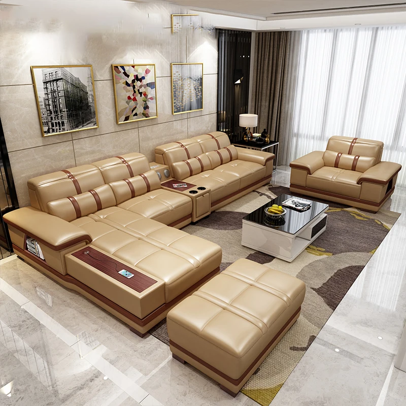 

Leather Sofa Head Layer Cattle Hide Size Modern Simple Living Room Combination Corner Leather Leather Sofa Modern Furniture