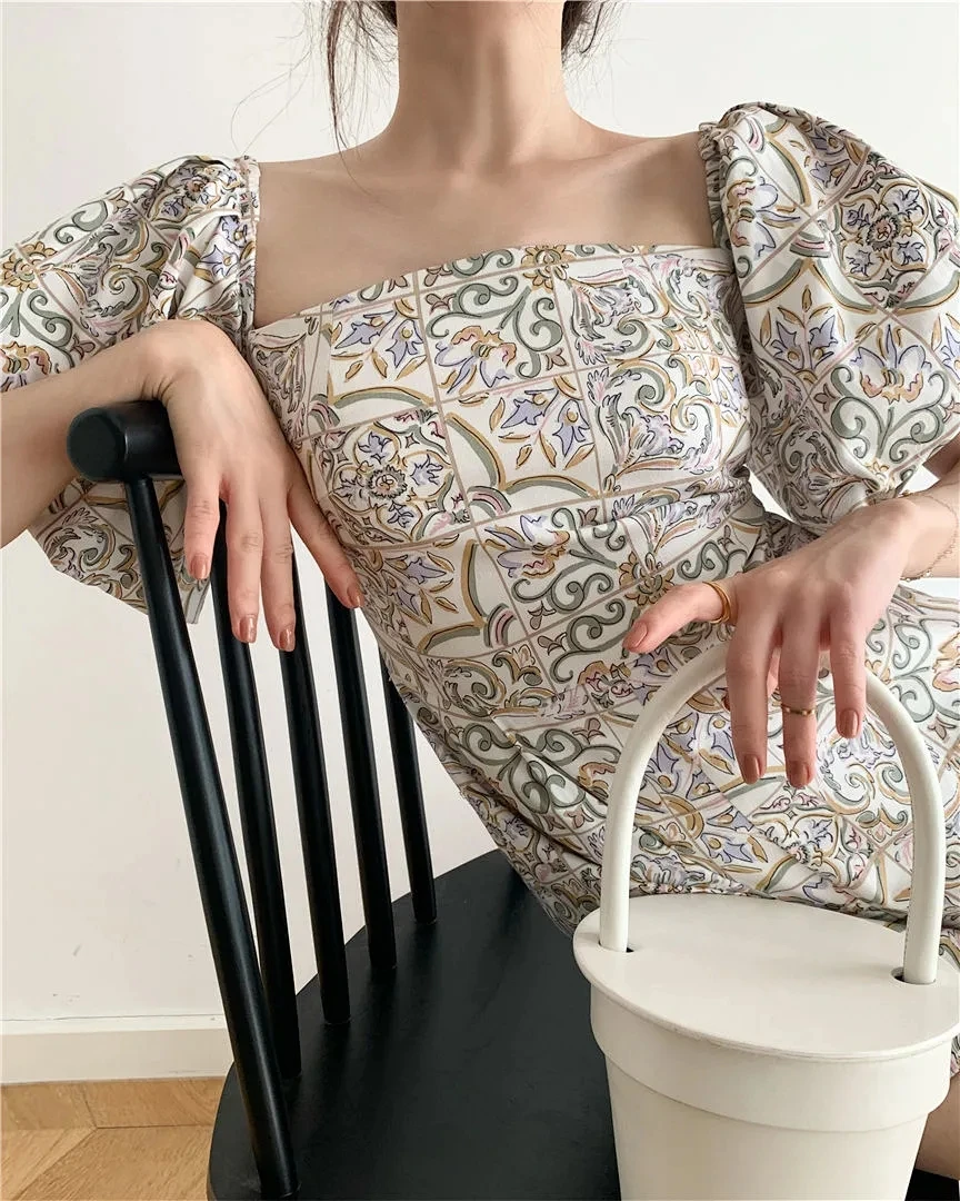 

Женское летнее платье 2021, французское Ретро Хлопковое платье с квадратным вырезом и принтом керамической плитки, корейское Модное Новое пл...