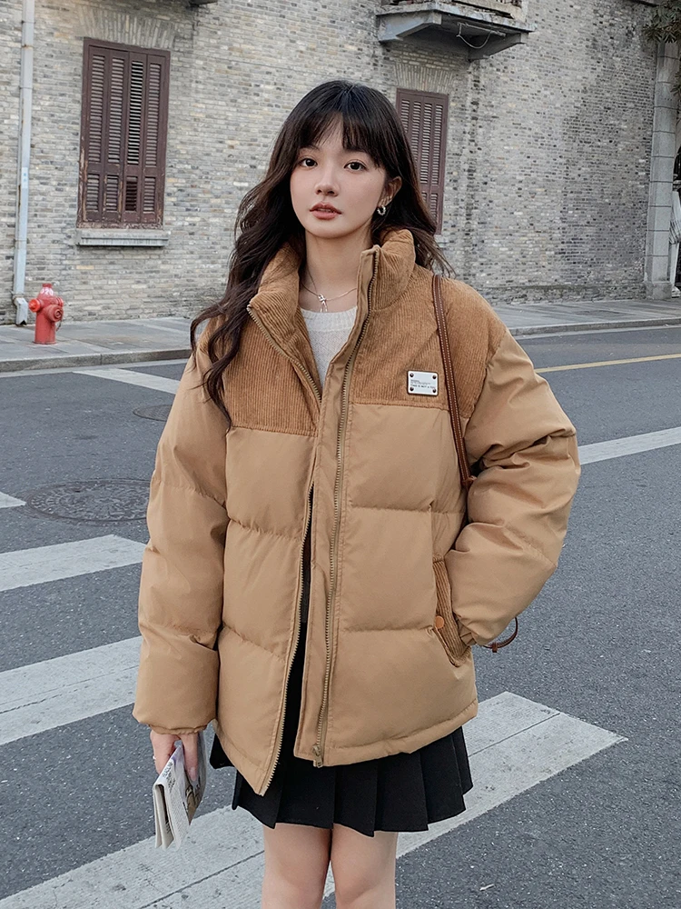 Вельветовый пуховик в стиле пэчворк с маркировкой женский зимний корейский