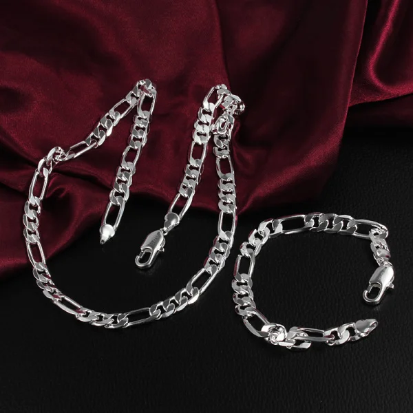 

925 Color Silver necklace bracelet Jewelry set Classic woman Men 6mm 8mm Geometric chain Party wedding fine free shipping