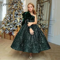 dark green flower girl dresses glitter sequins puffy party gowns for girls one shoulder tea length first communion gowns 2022
