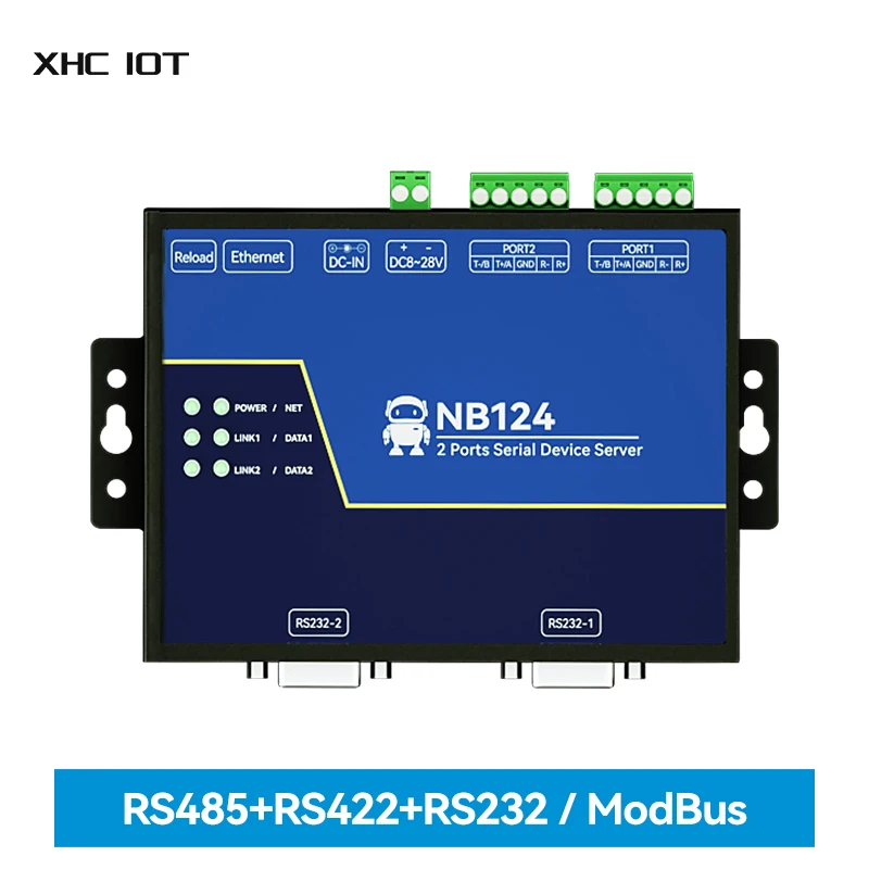 

2-канальный последовательный сервер XHCIOT NB124S RS232/422/485 RJ45 Шлюз Modbus TCP/UDP/MQTT DC 8-28V AT Command встроенный Watchdog