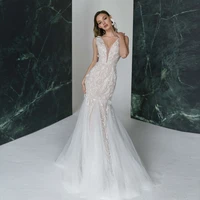 sexy mermaid wedding dress for woman sleeveless v neck button back floor length with applique robe de soriee femme 2022