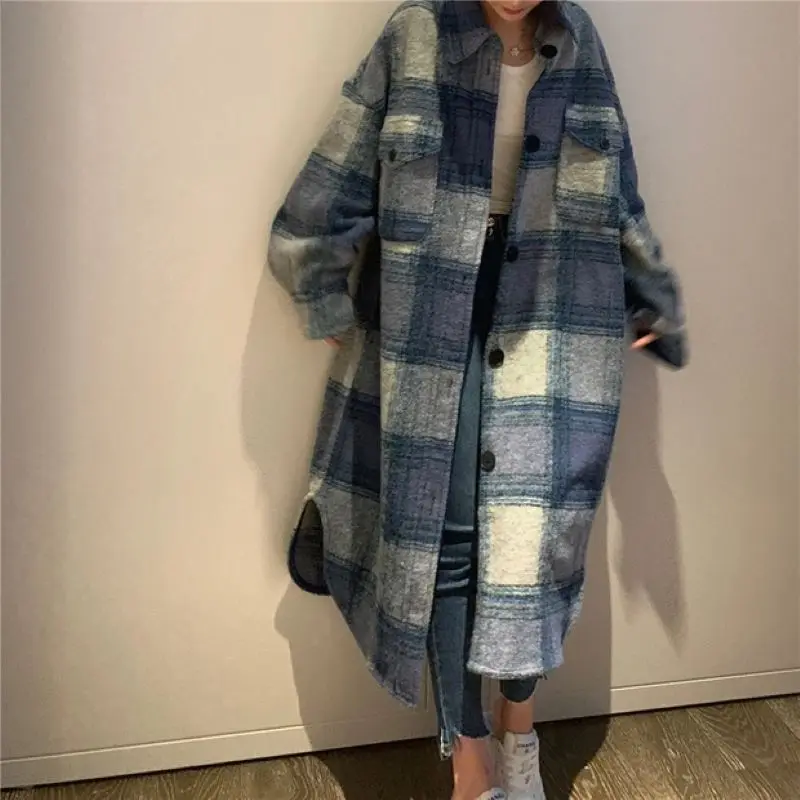 

Women's New Loose Double Pocket Plaid Wool Coat Silhouette Plaid Long Coat