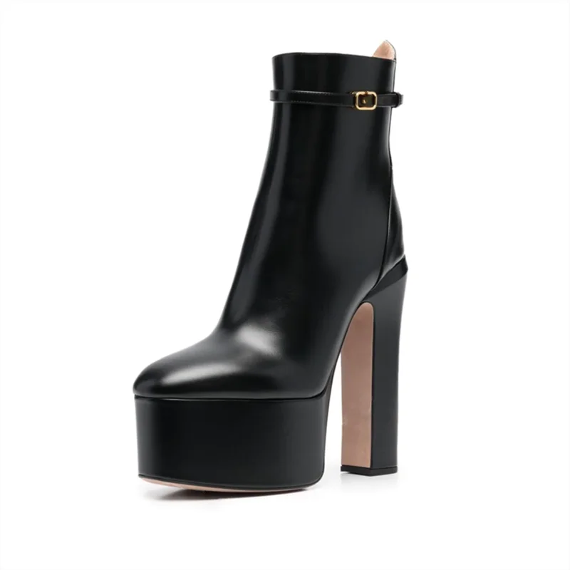 Concise Buckle Black Round Toe Booty Short Shoes for Women Warm Winter Ankle Boots Genuine Leather Platform Block High Heel Zip