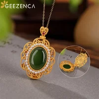 GEEZENCA S925 Silver Gold Plated Natural Jasper Locket Pendant For Women Vintage Court Style Openable Pendants Without Chain